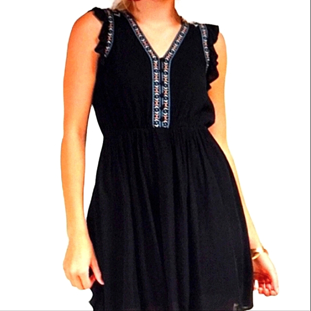 Blue Rain Boho Sleeveless Dress Women's Sz Large Black w/ Multicolor Embroidery